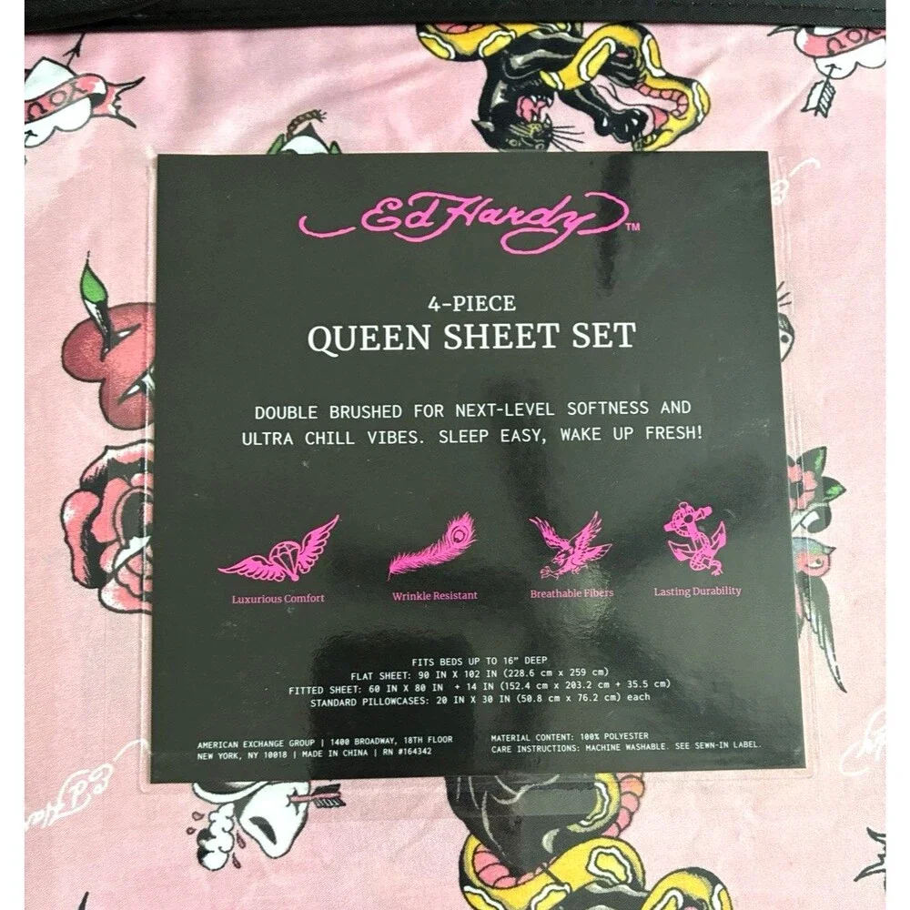 Ed Hardy Queen Sheet Set Pink Tattoo Rose Skull 4 Piece Bedding New
